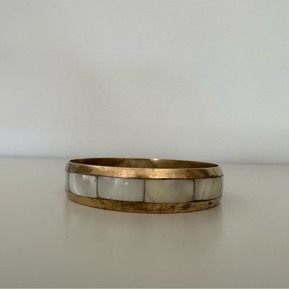 Anthropologie Vintage Brass and Mother of Pearl Cuff Bracelet - Picture 3 of 5